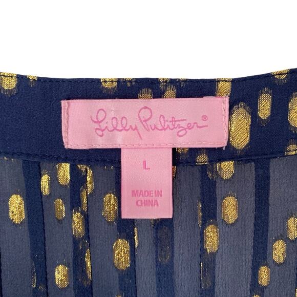 Lilly Pulitzer Silk Colby Navy Bubble Gold Dot blouse size large - Picture 3 of 8
